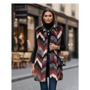 Joseph A Size L Y2K Chevron Print Faux Fur Warm Open Front Vest Aspen Chic